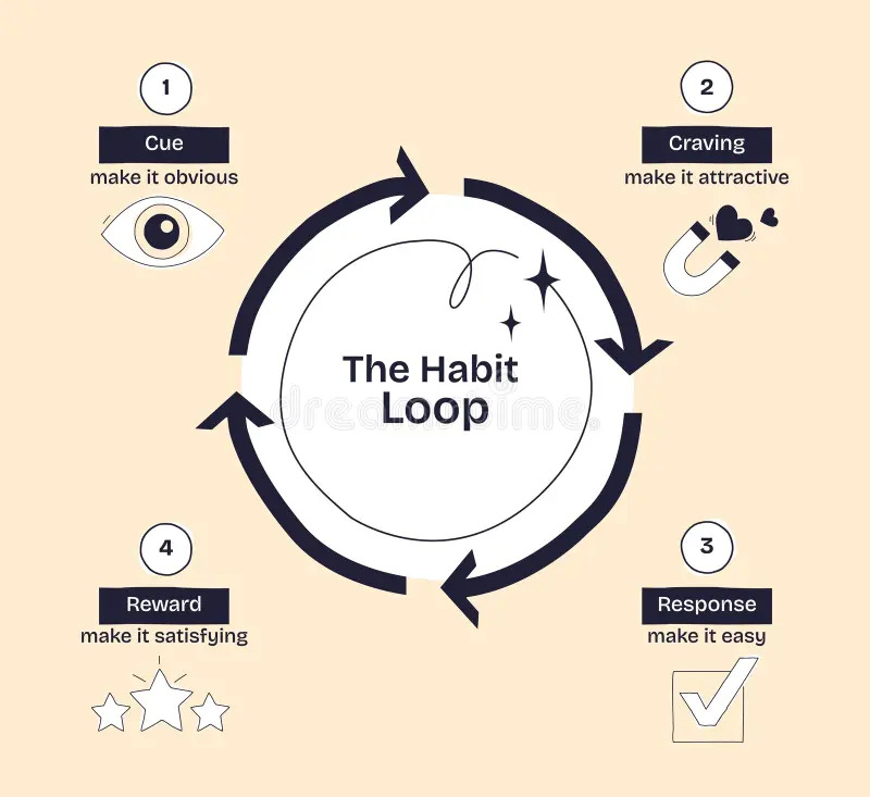 The habit loop: 1. Cue - make it obvious; 2. Craving - make it attractive; 3. Response - make it easy; 4. Reward - make it satisfying